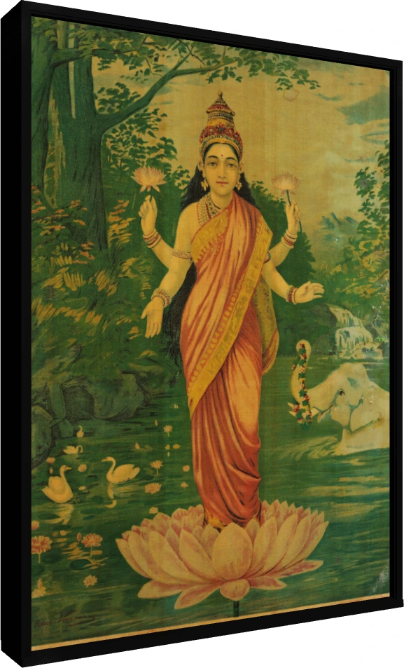 Vintage Raja Ravi Varma painting of Goddess Lakshmi standing on a pink lotus in a serene lake with an elephant. — floater frame preview | PrintPosters.in