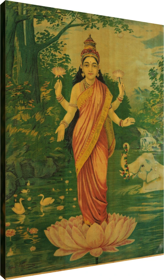 Vintage Raja Ravi Varma painting of Goddess Lakshmi standing on a pink lotus in a serene lake with an elephant. | PrintPosters.in
