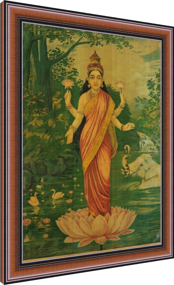 Vintage Raja Ravi Varma painting of Goddess Lakshmi standing on a pink lotus in a serene lake with an elephant. — photo frame preview | PrintPosters.in