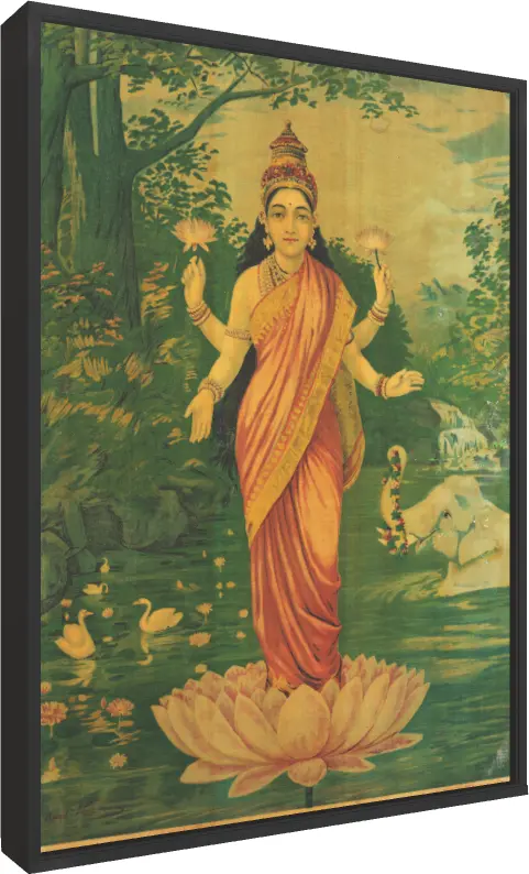 Goddess Lakshmi Vintage Raja Ravi Varma Print — floater frame preview | PrintPosters.in