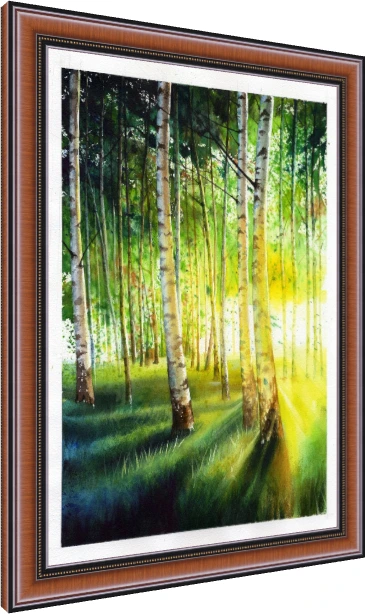 A vertical watercolor painting of slender white birch trunks in a forest illuminated by warm golden rays of sunlight. — photo frame preview | PrintPosters.in
