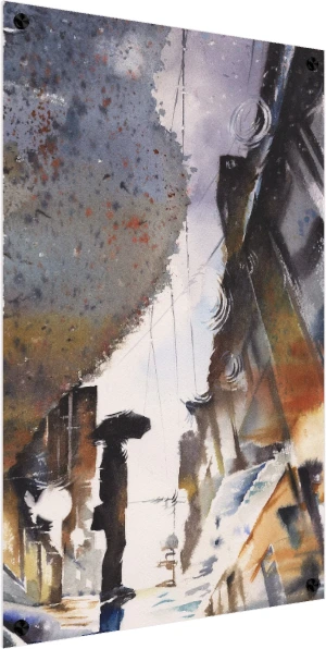 Watercolor painting of a dark silhouette figure with an umbrella on a wet city street with puddle reflections. — acrylic preview | PrintPosters.in