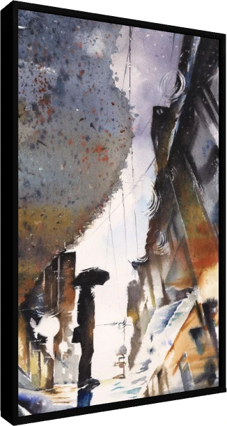 Watercolor painting of a dark silhouette figure with an umbrella on a wet city street with puddle reflections. — floater frame preview | PrintPosters.in