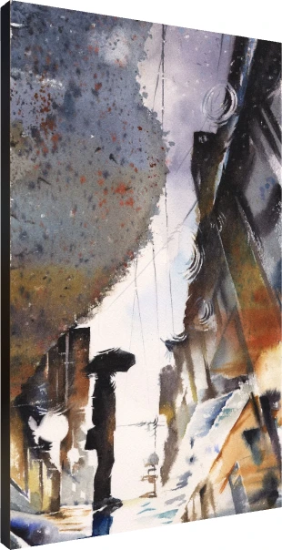 Watercolor painting of a dark silhouette figure with an umbrella on a wet city street with puddle reflections. | PrintPosters.in