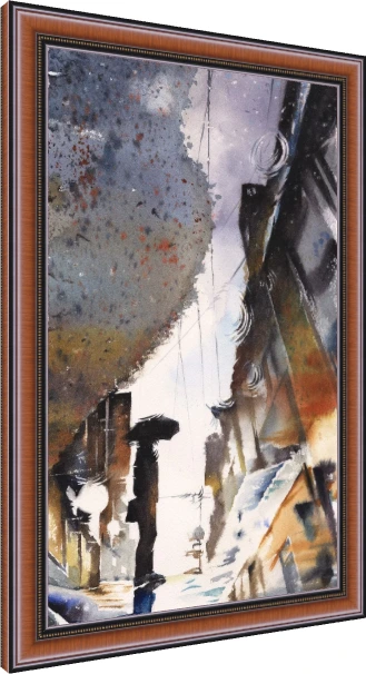 Watercolor painting of a dark silhouette figure with an umbrella on a wet city street with puddle reflections. — photo frame preview | PrintPosters.in
