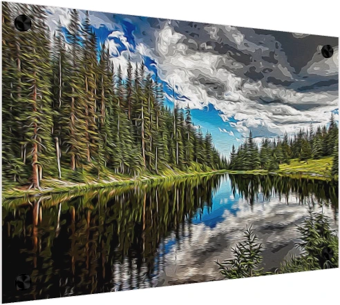 Impasto Style Pine Forest Lake Reflection — acrylic preview | PrintPosters.in