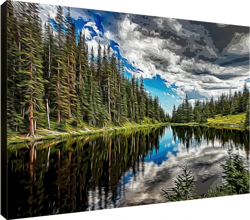 Textured impasto expressionist landscape painting of tall pine trees reflecting in a calm lake under a cloudy blue sky. | PrintPosters.in