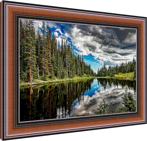 Textured impasto expressionist landscape painting of tall pine trees reflecting in a calm lake under a cloudy blue sky. — photo frame preview | PrintPosters.in
