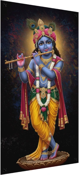 Digital painting of blue-skinned Lord Krishna standing on a lotus, playing a golden flute. — acrylic preview | PrintPosters.in