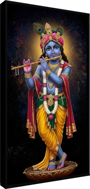 Digital painting of blue-skinned Lord Krishna standing on a lotus, playing a golden flute. — floater frame preview | PrintPosters.in