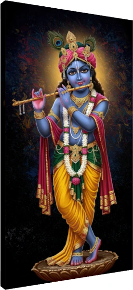 Digital painting of blue-skinned Lord Krishna standing on a lotus, playing a golden flute. | PrintPosters.in