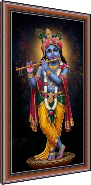 Digital painting of blue-skinned Lord Krishna standing on a lotus, playing a golden flute. — photo frame preview | PrintPosters.in