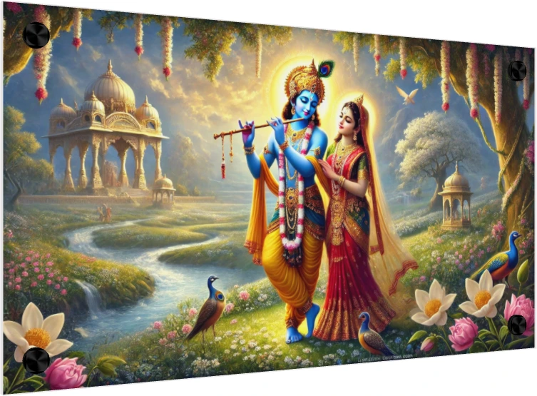 Vibrant digital painting of Lord Radha and Krishna standing in a lush Vrindavan landscape with peacocks and a river. — acrylic preview | PrintPosters.in