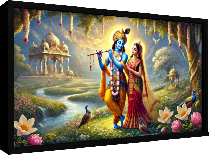 Vibrant digital painting of Lord Radha and Krishna standing in a lush Vrindavan landscape with peacocks and a river. — floater frame preview | PrintPosters.in