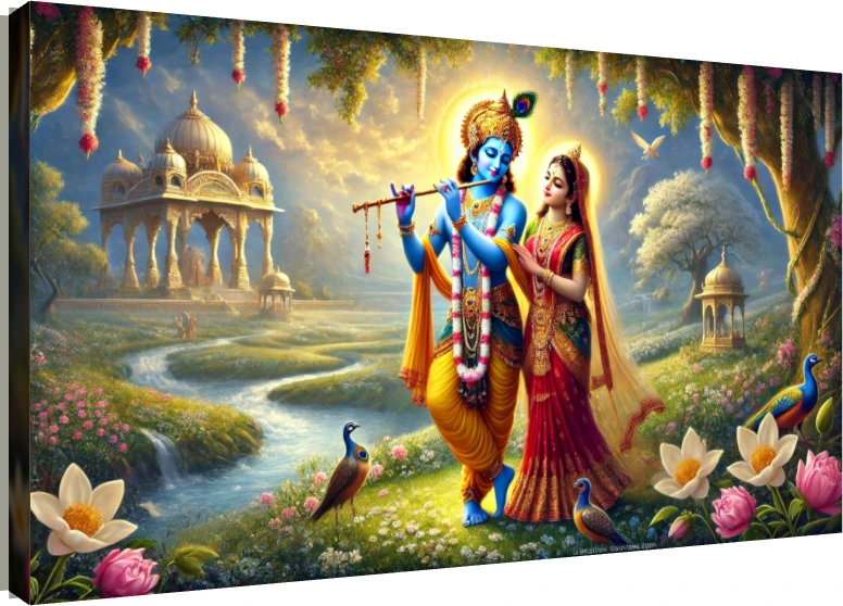 Vibrant digital painting of Lord Radha and Krishna standing in a lush Vrindavan landscape with peacocks and a river. | PrintPosters.in