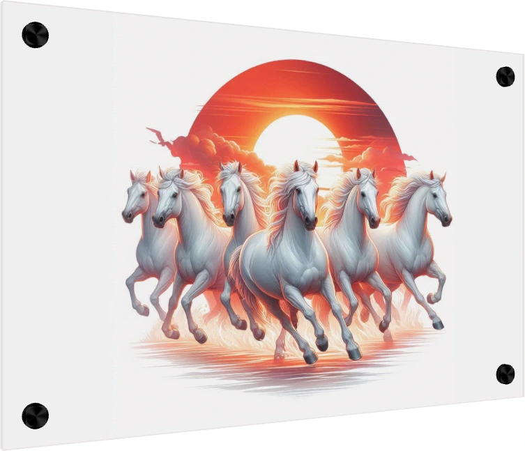 Digital illustration of white horses galloping forward against a large red rising sun. — acrylic preview | PrintPosters.in