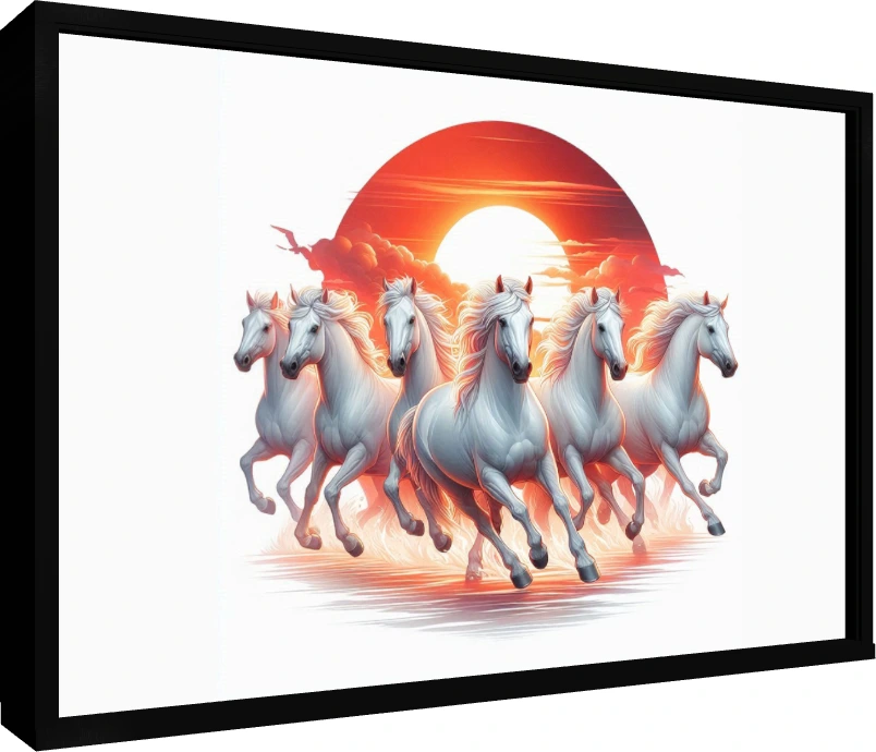 Digital illustration of white horses galloping forward against a large red rising sun. — floater frame preview | PrintPosters.in