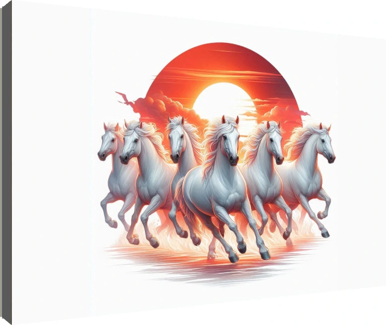 Digital illustration of white horses galloping forward against a large red rising sun. | PrintPosters.in