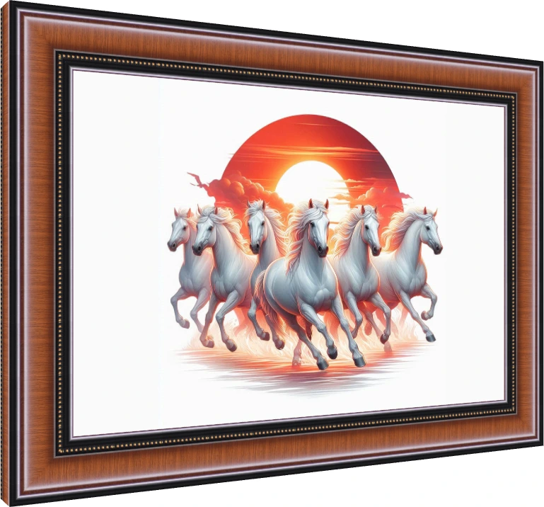 Digital illustration of white horses galloping forward against a large red rising sun. — photo frame preview | PrintPosters.in