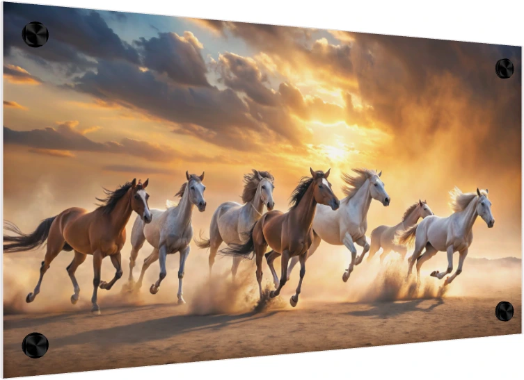 Seven powerful horses galloping dynamically through a desert sandstorm under a dramatic golden sunset sky. — acrylic preview | PrintPosters.in