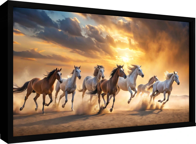 Seven powerful horses galloping dynamically through a desert sandstorm under a dramatic golden sunset sky. — floater frame preview | PrintPosters.in