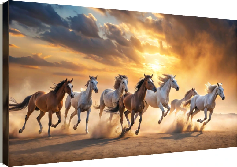 Seven powerful horses galloping dynamically through a desert sandstorm under a dramatic golden sunset sky. | PrintPosters.in