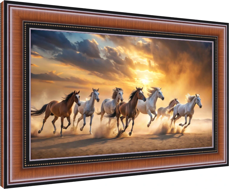 Seven powerful horses galloping dynamically through a desert sandstorm under a dramatic golden sunset sky. — photo frame preview | PrintPosters.in
