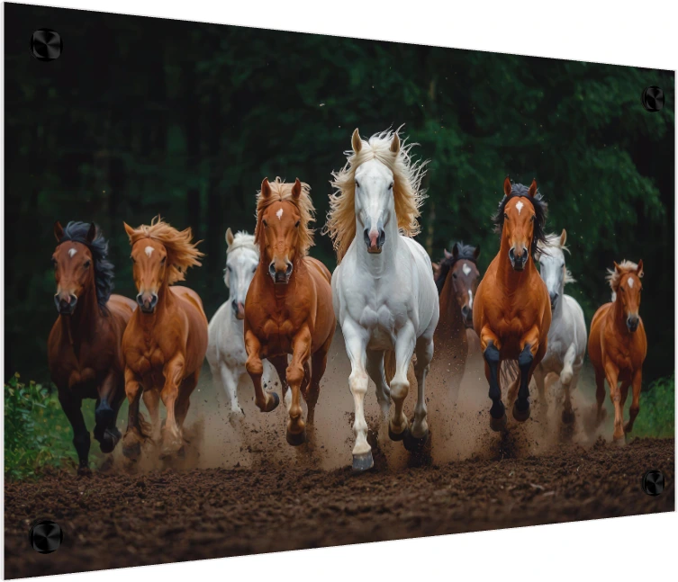 A powerful herd of multi-colored horses galloping forward through a dusty forest path, led by a majestic white stallion. — acrylic preview | PrintPosters.in