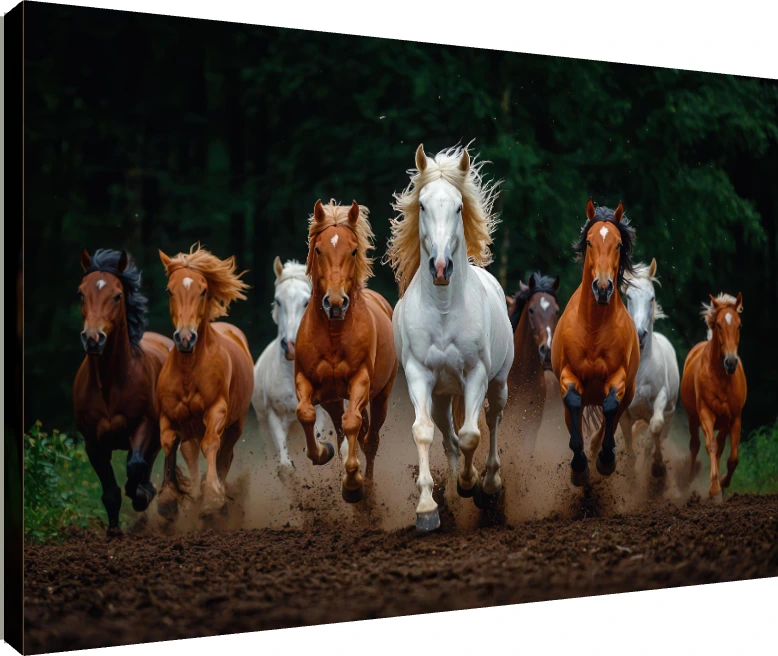 A powerful herd of multi-colored horses galloping forward through a dusty forest path, led by a majestic white stallion. | PrintPosters.in