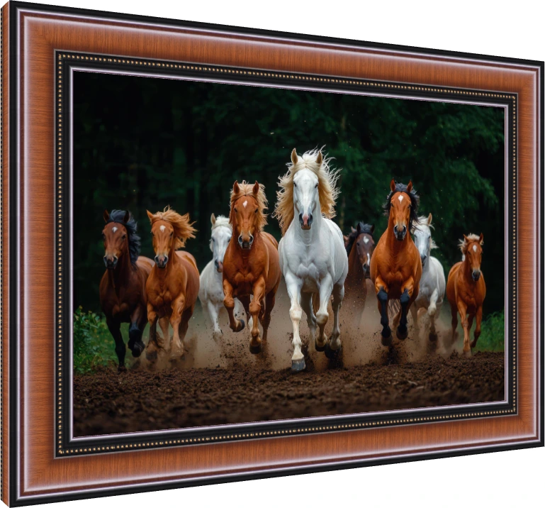 A powerful herd of multi-colored horses galloping forward through a dusty forest path, led by a majestic white stallion. — photo frame preview | PrintPosters.in
