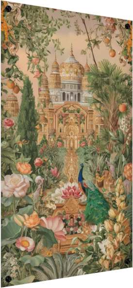 A detailed illustration of a Mughal palace garden with a peacock, blooming lotuses, and lush green foliage. — acrylic preview | PrintPosters.in