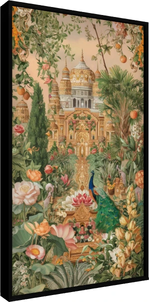 A detailed illustration of a Mughal palace garden with a peacock, blooming lotuses, and lush green foliage. — floater frame preview | PrintPosters.in