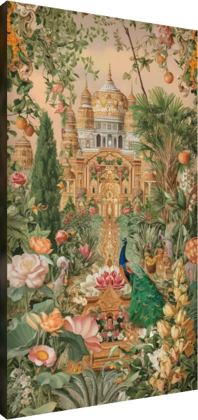 A detailed illustration of a Mughal palace garden with a peacock, blooming lotuses, and lush green foliage. | PrintPosters.in