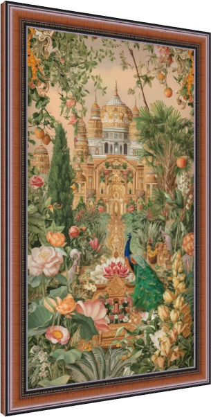 A detailed illustration of a Mughal palace garden with a peacock, blooming lotuses, and lush green foliage. — photo frame preview | PrintPosters.in