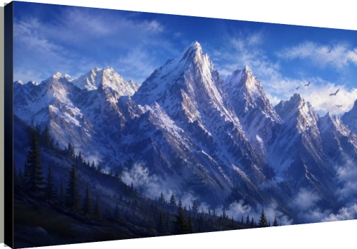 Dramatic snow-capped mountain peaks towering under a crisp blue sky with eagles soaring above pine tree slopes. | PrintPosters.in