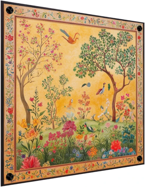 Traditional Indian painting of a lush garden with birds and flowers on a golden background, framed by a floral border. — acrylic preview | PrintPosters.in