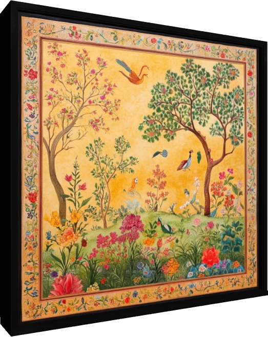 Traditional Indian painting of a lush garden with birds and flowers on a golden background, framed by a floral border. — floater frame preview | PrintPosters.in