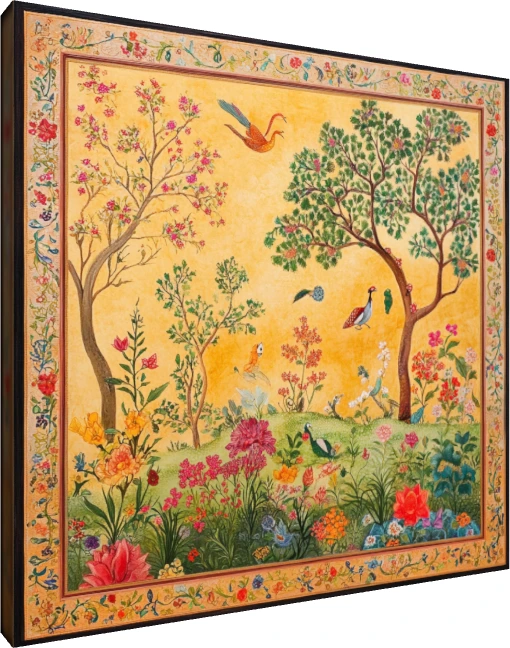 Traditional Indian painting of a lush garden with birds and flowers on a golden background, framed by a floral border. | PrintPosters.in