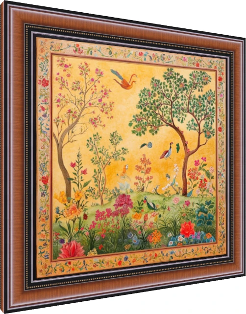 Traditional Indian painting of a lush garden with birds and flowers on a golden background, framed by a floral border. — photo frame preview | PrintPosters.in