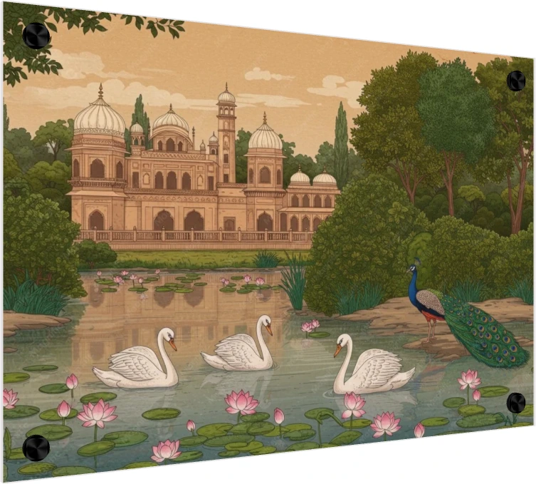 Mughal Garden with Peacock and Swans Canvas wall art print — acrylic preview | PrintPosters.in