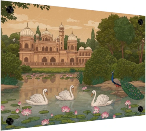 Mughal Garden with Peacock and Swans Canvas wall art print — acrylic preview | PrintPosters.in