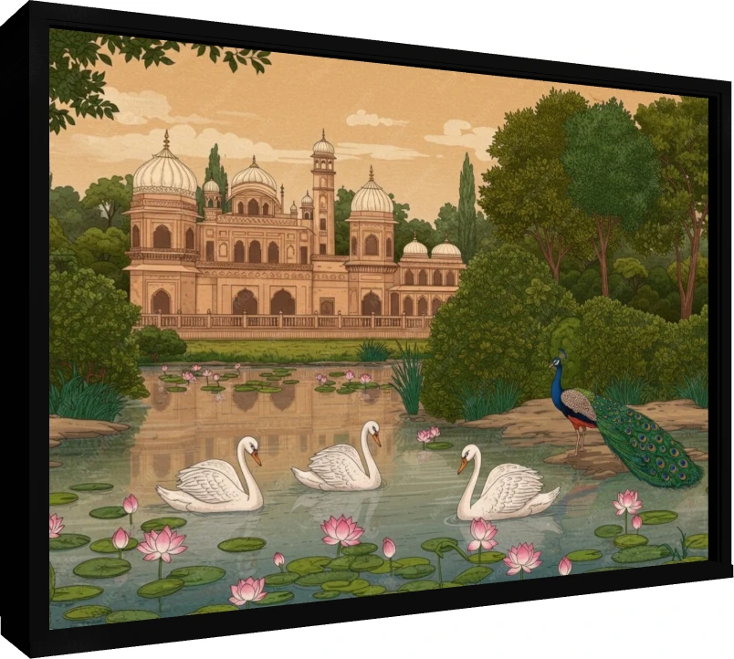 Mughal Garden with Peacock and Swans Canvas wall art print — floater frame preview | PrintPosters.in
