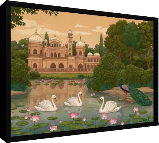 Mughal Garden with Peacock and Swans Canvas wall art print — floater frame preview | PrintPosters.in