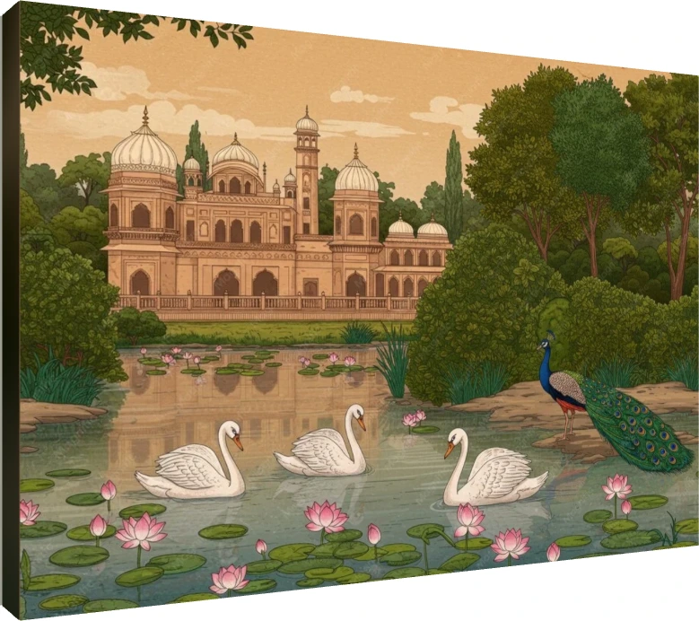 Mughal Garden with Peacock and Swans Canvas wall art print | PrintPosters.in