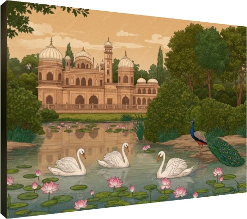 Mughal Garden with Peacock and Swans Canvas wall art print | PrintPosters.in