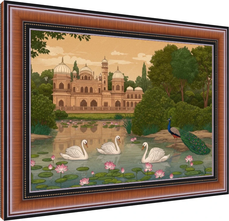 Mughal Garden with Peacock and Swans Canvas wall art print — photo frame preview | PrintPosters.in