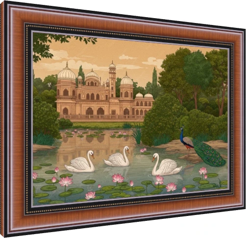 Mughal Garden with Peacock and Swans Canvas wall art print — photo frame preview | PrintPosters.in
