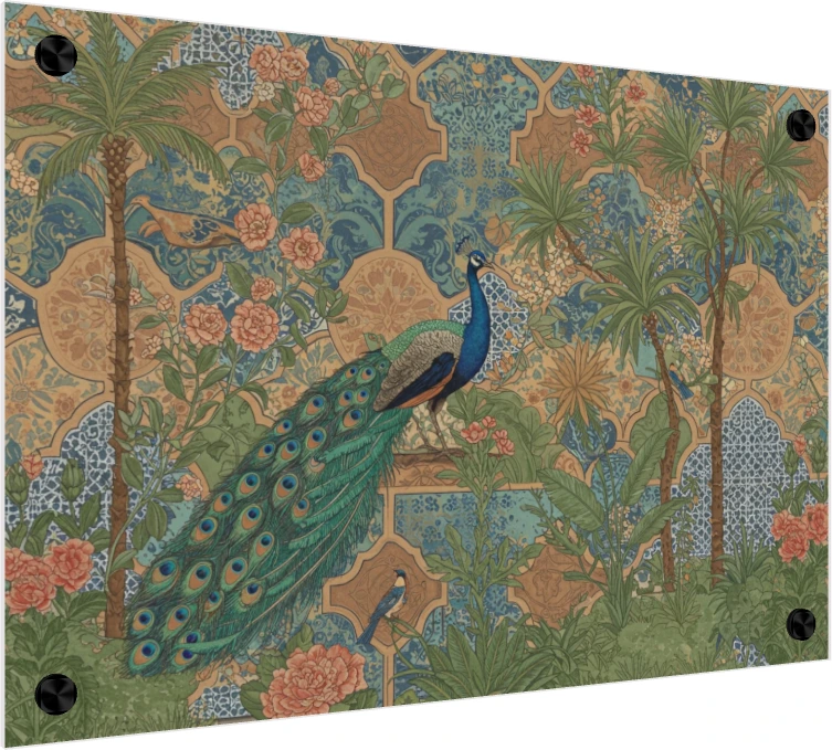 A majestic peacock stands in a lush Mughal garden with intricate teal and ochre archways and palm trees. — acrylic preview | PrintPosters.in