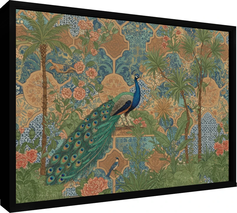 A majestic peacock stands in a lush Mughal garden with intricate teal and ochre archways and palm trees. — floater frame preview | PrintPosters.in