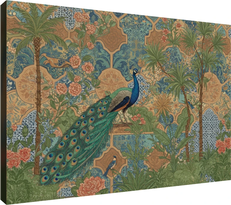 A majestic peacock stands in a lush Mughal garden with intricate teal and ochre archways and palm trees. | PrintPosters.in